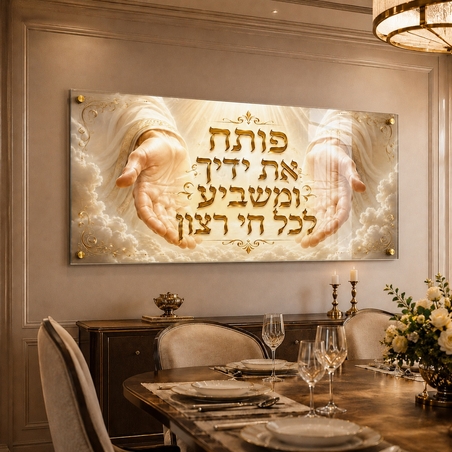 ידיים של ברכה זהובה – תמונת זכוכית לרוחב פותח את ידיך לסלון | RG4062