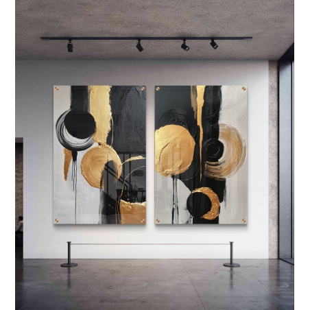 זוג תמונות זכוכית בעיצוב אבסטרקטי בגווני שחור ולבן עם זהב בוהק