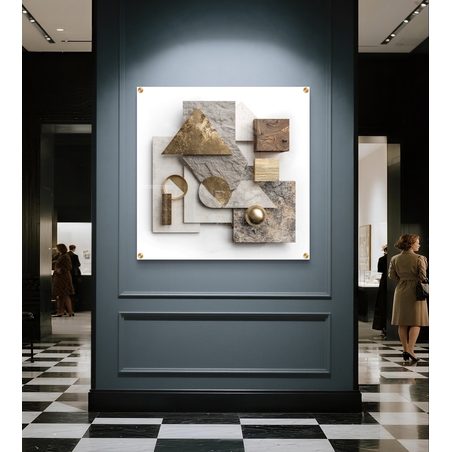 תמונת זכוכית מרובעת עם קומפוזיציה גאומטרית משולבת אבן, עץ ואלמנטים מוזהבים בהדפסה חלקה