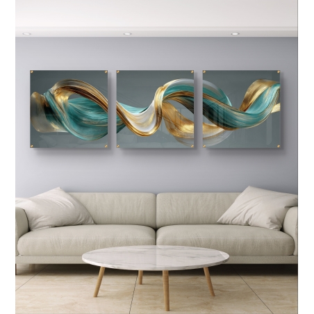 שלישיית תמונות זכוכית מופשטות עם גלים זורמים בגווני זהב וטורקיז תלויות בסלון מודרני