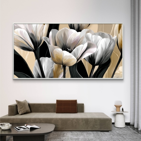 תמונת קנבס פרחונית לרוחב בגווני שמנת, לבן ושחור על רקע בז' – מתוך קולקציית תכשיט לבית