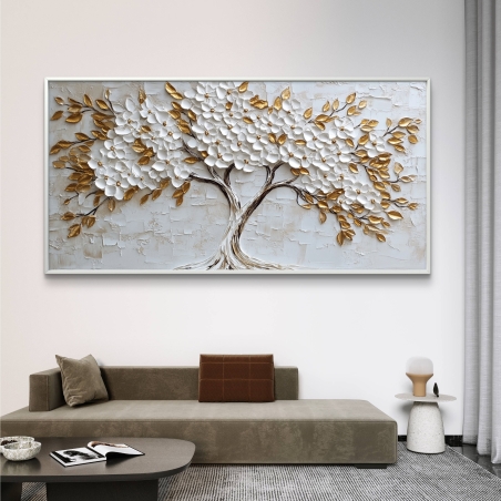 תמונת קנבס לרוחב עם עץ אומנותי תלת-ממדי בגווני לבן וזהב, מודפסת באיכות גבוהה על קנבס חלק, מתאימה לסלון או פינת ישיבה.