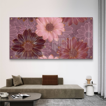 תמונת זכוכית רוחבית עם פרחים בגווני ורוד וזהב בעיצוב קווי מודרני ואלגנטי, מקולקציית תכשיט לבית