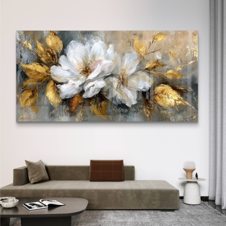 תמונה רוחבית על זכוכית עם פרחים לבנים ועלים זהובים בסגנון אלגנטי ועשיר לעיצוב חלל הבית