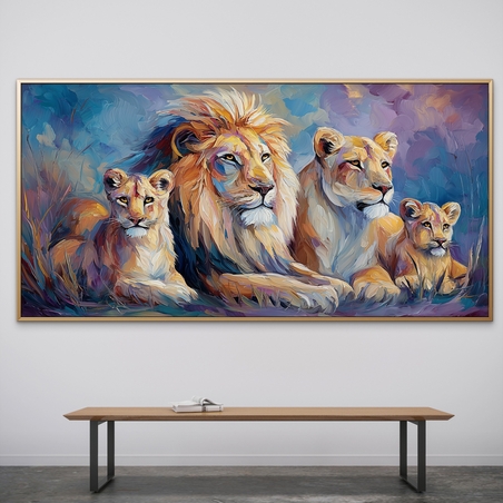 תמונת קנבס צבעונית של משפחת אריות – יצירה אמנותית בעיצוב מודרני מתוך קולקציית NEXTGEN BY BAR של תכשיט לבית.