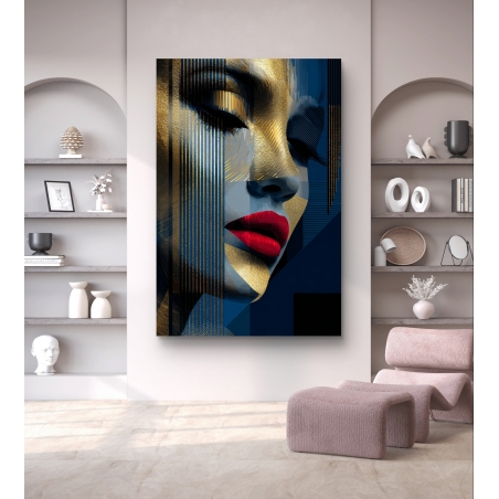 תמונת קנבס של דיוקן נשי אמנותי בגווני זהב, כחול ואדום בעיצוב מודרני מבית תכשיט לבית
