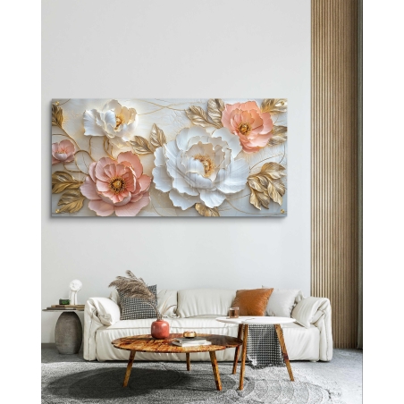 תמונת זכוכית יוקרתית של פרחים בגווני זהב, לבן ורוד עתיק, מתאימה לחללי מגורים בעיצוב אלגנטי.