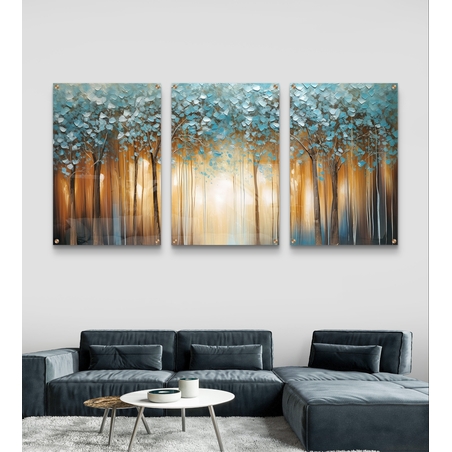 שלשת תמונות זכוכית יער אור בכחול וזהב – דגם GG5474