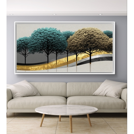 תמונת קנבס לרוחב עם עצים בגווני טורקיז וזהב על רקע אפור ולבן – מתוך קולקציית תכשיט לבית.
