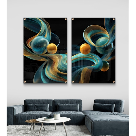 סט תמונות זכוכית זוגי בגווני תכלת וזהב עם גלים וכדורים זוהרים על רקע שחור – תכשיט לבית