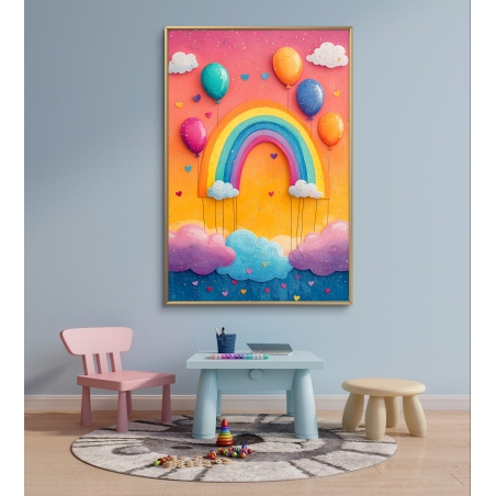 תמונת קנבס לחדרי ילדים עם עיצוב קסום של קשת צבעונית, בלונים מרחפים ועננים רכים בגווני פסטל על רקע כתום-ורוד.