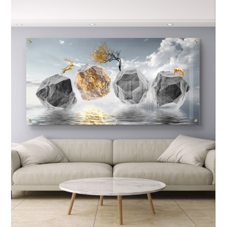 תמונת זכוכית חלקה עם אייל קופץ בין סלעים על פני מים, במרכז סלע זהב ועץ עדין