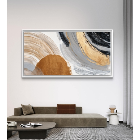 תמונת קנבס מופשטת לרוחב בגווני שחור, אפור וזהב – תכשיט לבית