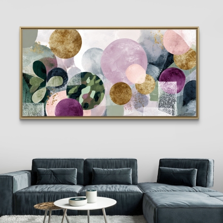 תמונת קנבס לרוחב בסגנון אבסטרקטי עם צורות עגולות בגווני ורוד, סגול, ירוק וזהב מטאלי, בהדפסה חלקה מבית תכשיט לבית.