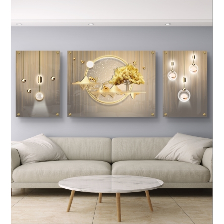 תמונה מחולקת לתלייה על קיר, עם עץ זהוב ואיילים במרכז, מודפסת על זכוכית מבריקה באיכות גבוהה עם עיצוב מודרני