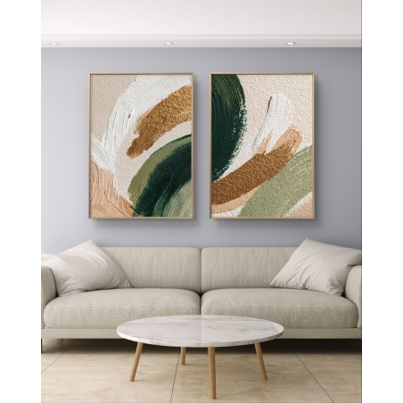 זוג תמונות קנבס בעיצוב מופשט בגווני ירוק ובז' עם נגיעות זהב, מבית תכשיט לבית