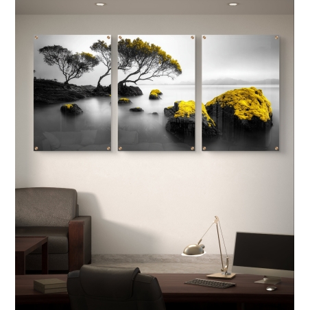 שלישיית תמונות זכוכית המציגות נוף טבעי עם עצים עדינים וסלעים צהובים על רקע מים ושמיים אפורים, בעיצוב מודרני ומרגיע לחלל הבית או המשרד.