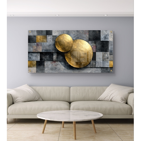 תמונת זכוכית לרוחב בעיצוב אבסטרקטי בגווני אפור עם עיגולים זהובים בסגנון מודרני ויוקרתי