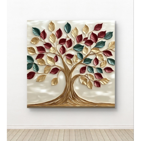 תמונת קנבס מרובעת המציגה עץ עם גזע מוזהב וענפים מלאי עלים בצבעי זהב, ירוק ובורדו, על רקע בהיר המעניק תחושת יוקרה וחמימות לבית