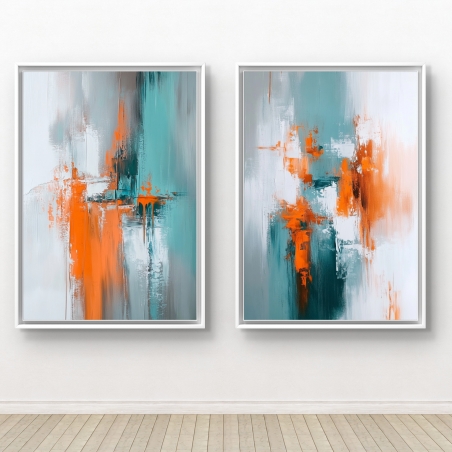 זוג תמונות קנבס מודרניות בצבעי כתום, טורקיז ולבן בסגנון מופשט – מתוך קולקציית תכשיט לבית לעיצוב קירות עוצמתי ומעורר השראה.
