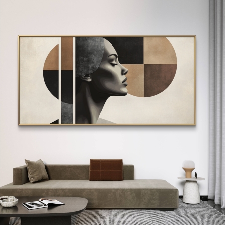 תמונת קנבס לרוחב המציגה פרופיל נשי בשילוב אלמנטים גאומטריים בצבעי שחור, חום ולבן, לעיצוב מודרני ומלא השראה של חלל הבית.