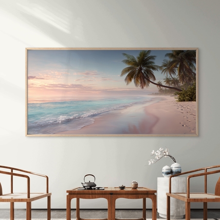 תמונת קנבס לרוחב של חוף טרופי בזריחה עם ים טורקיז ודקלים – NEXTGEN BY BAR
