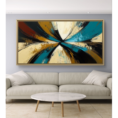 תמונת קנבס בסגנון אבסטרקט רוחבי, בגוונים של טורקיז, חרדל, שמנת ושחור – תלויה מעל ספה מודרנית בגוון בז’, יוצרת מוקד עיצובי דרמטי ודינמי בסלון.