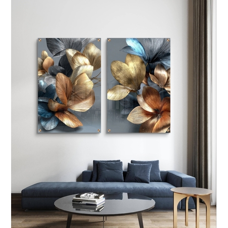 תמונת זכוכית זוגית עם פרחים אבסטרקטיים בגווני זהב, ברונזה וכחול עמוק, הדפסה חלקה ללא תבליט בעיצוב יוקרתי