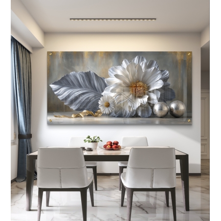 תמונת זכוכית לרוחב עם פרחים לבנים, עלה כסוף ועיצוב בזהב מתוך קולקציית תכשיט לבית