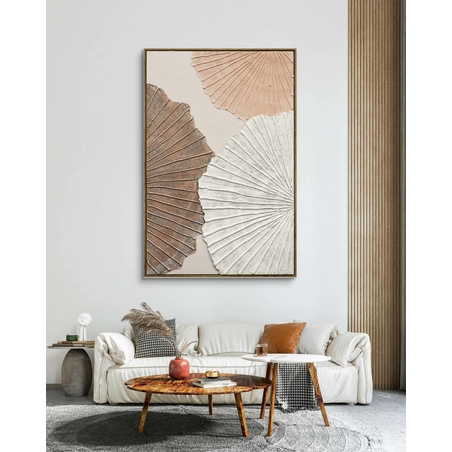 תמונה אבסטרקטית עם תאורת LED ושלט רחוק – עלים מרקמיים בגווני חול דגם LEDA1001--מידה 120-80