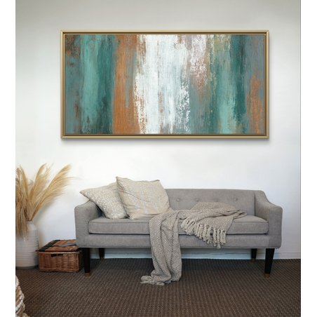 תמונת קנבס אבסטרקט טקסטורה עם פסים אנכיים בטורקיז וחום חלודה על רקע לבן