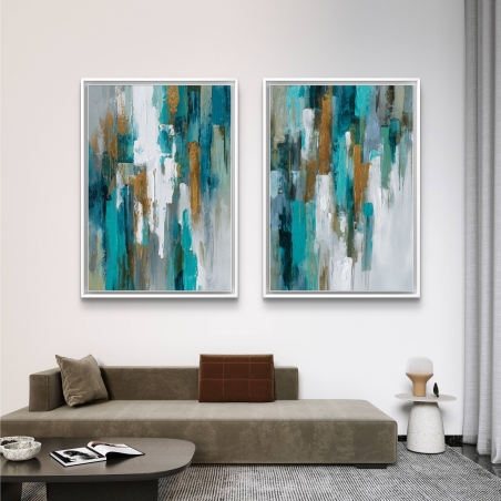 זוג תמונות קנבס מופשטות בגווני טורקיז וזהב בעיצוב יוקרתי מבית תכשיט לבית