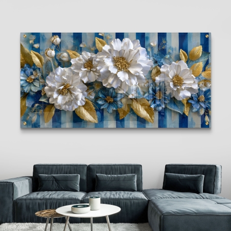 תמונת זכוכית פריחת זהב בכחול, תכשיט לבית, תמונות זכוכית פרחים, עיצוב יוקרתי לסלון, פרחים לבנים כחולים, פרחי יוקרה, הדפסה חלקה, תמונות לבית מודרני, אמנות זכוכית ייחודית, עיצוב יוקרתי קלאסי