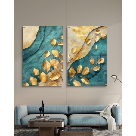 זוג תמונות בהדפסה על זכוכית בגוונים טורקיז/זהב 