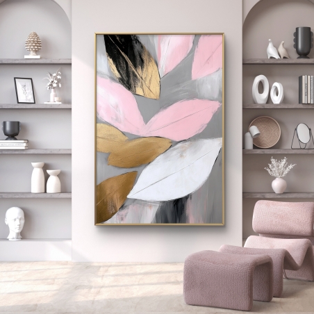 תמונת קנבס לאורך של עלים בגווני ורוד, זהב, לבן ושחור, על רקע אפור, הדפסה חלקה באיכות גבוהה מקולקציית תכשיט לבית
