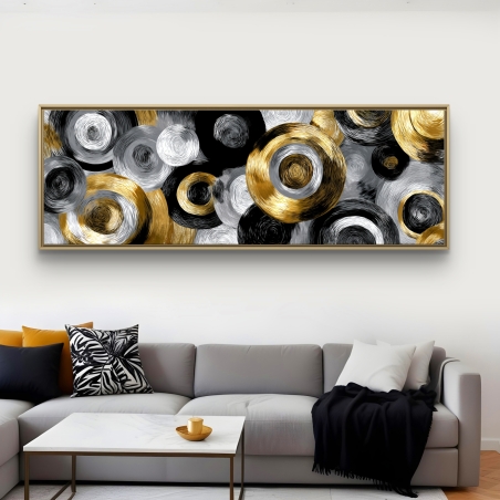 תמונת קנבס פנורמית בעיצוב אבסטרקטי של מעגלים בגווני שחור, לבן וזהב – הדפסה חלקה ואיכותית מבית תכשיט לבית.
