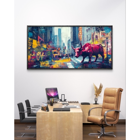תמונת קנבס לרוחב עם שור אדום בלב עיר צבעונית בעיצוב גרפיטי מודרני