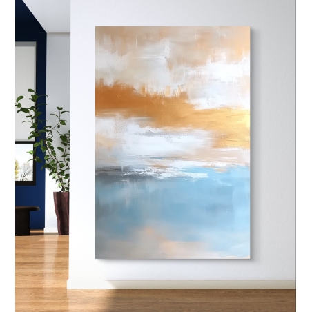 תמונת קנבס מופשטת בצבעי תכלת, לבן וזהב מתוך קולקציית תכשיט לבית – יצירה מודרנית שמכניסה אור ורכות לחלל.