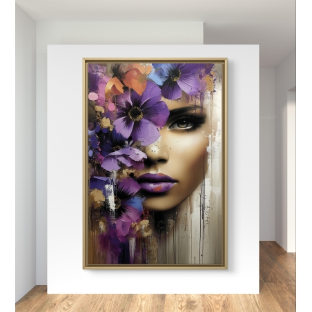 תמונת קנבס לאורך של דיוקן נשי עם פרחים סגולים בעיצוב אומנותי מודרני