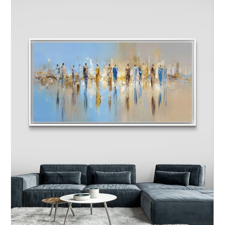 תמונת קנבס אבסטרקט אורבני בגווני כחול בהיר וזהב עם דמויות והשתקפויות עדינות