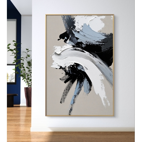 תמונת קנבס מופשטת עם משיכות מכחול בגווני שחור, לבן, אפור ותכלת על רקע בז' טבעי בעיצוב מינימליסטי ומודרני.