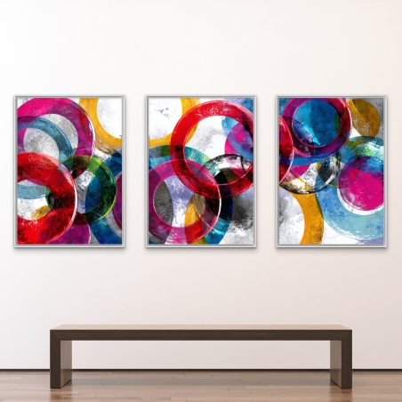 תמונת קנבס שלישייה מודרנית עם מעגלים צבעוניים ודינמיים – קולקציית תכשיט לבית