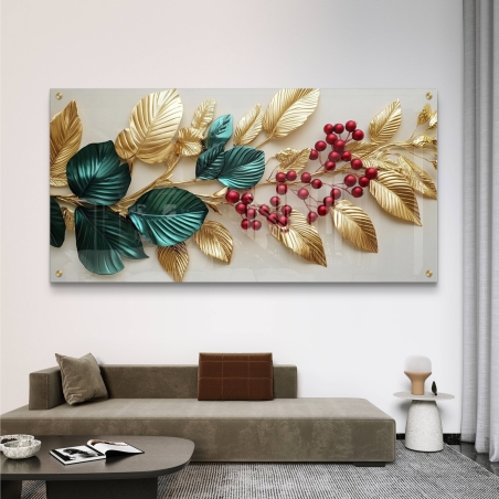 תמונת זכוכית פנורמית עם ענפי זהב, עלים ירוקים ופירות יער אדומים, מעניקה מראה יוקרתי ואלגנטי לעיצוב הסלון או פינת האוכל.