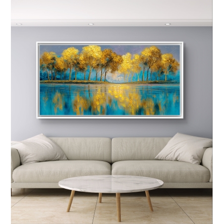 תמונת קנבס לרוחב המציגה עצים זהובים עם השתקפות תכולה באגם שקט – מודפסת על קנבס חלק באיכות גבוהה עם תחושת עומק וציוריות.