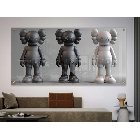 תמונת זכוכית לרוחב עם שלושה פסלים מודרניים בגווני שחור, אפור ולבן, עיצוב עכשווי מקולקציית NEXTGEN BY BAR