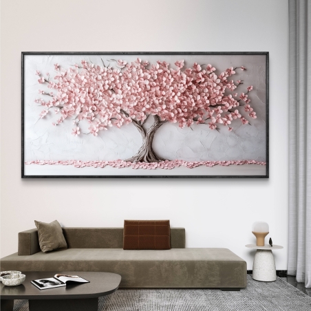 תמונת קנבס רחבה של עץ פורח בגווני ורוד עדין, מעניקה חמימות, שלווה והתחדשות לכל עיצוב פנים מודרני.