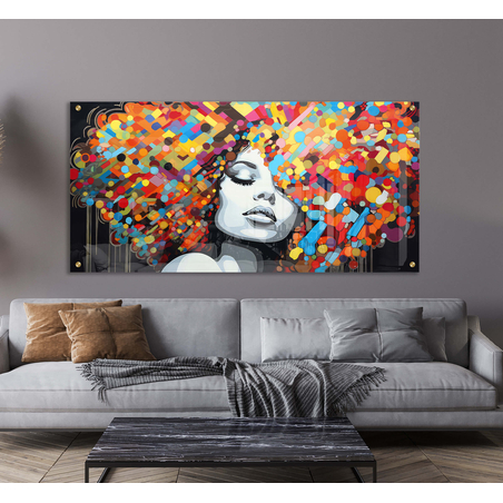 תמונת זכוכית אישה יפה צבעונית ושמחה דגם 310559