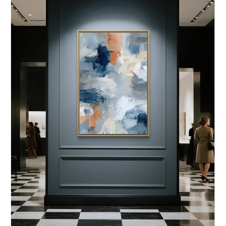 תמונת קנבס אנכית אבסטרקטית בגווני כחול אפור ואפרסק עם משיחות מכחול רכות