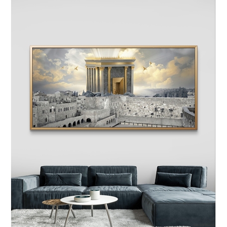 תמונת קנבס לרוחב של בית המקדש מעל ירושלים עם אור זהב שמיימי, עיצוב קדוש ומרומם לבית – מבית תכשיט לבית