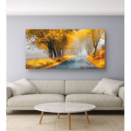 תמונת זכוכית של שביל בין עצים זהובים בערפל עדין – תכשיט לבית